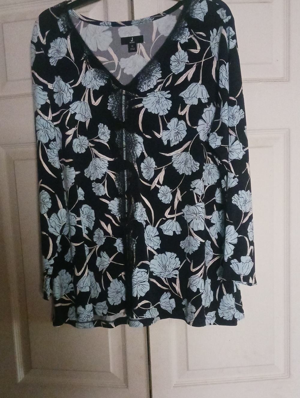 Jason Wu Black V-Neck Long-Sleeve Top with Light Blue Floral Print